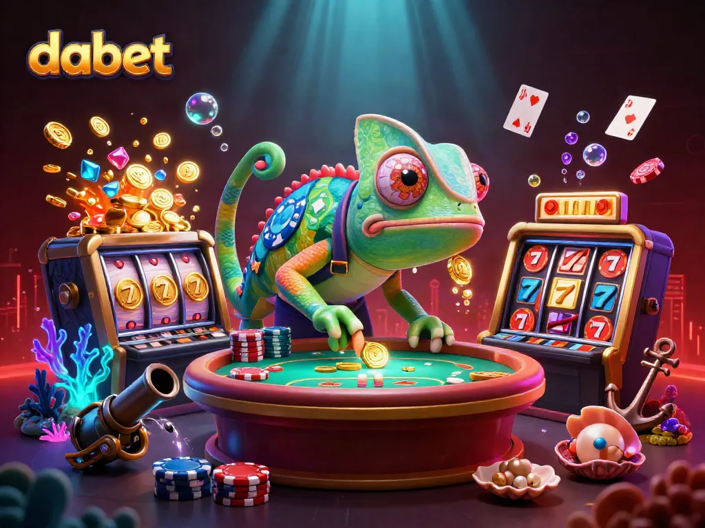 Dabet's vibrant casino scene featuring an enormous chameleon casino owner interacting with gaming elements.