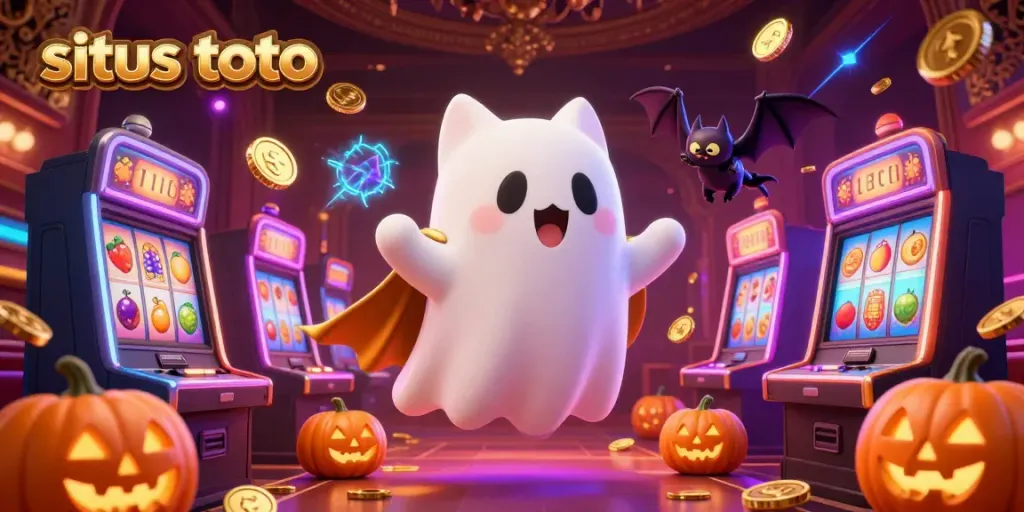 Experience the thrills of situs toto with a lively ghost cat and bat in a vibrant casino scene crowded with slot machines and glowing elements.