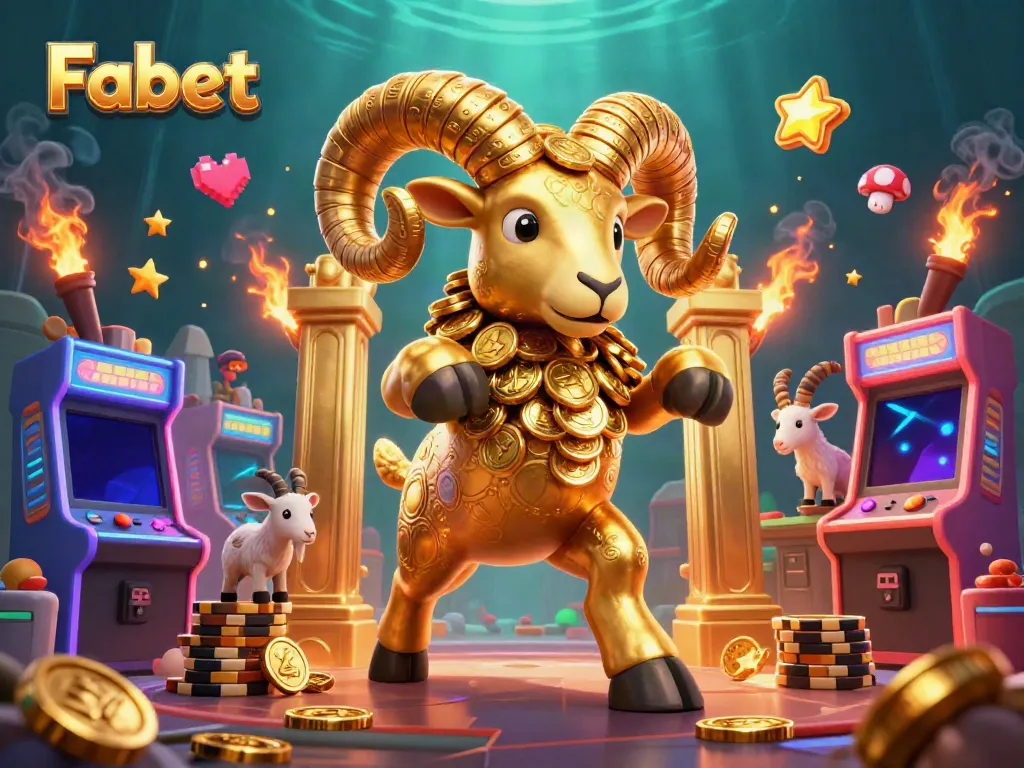 Engage with Fabet's vibrant 3D casino scene featuring a golden ram amidst gaming elements.