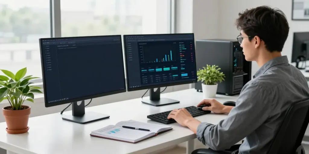 SEO expert analyzing instant indexing tools in a modern workspace