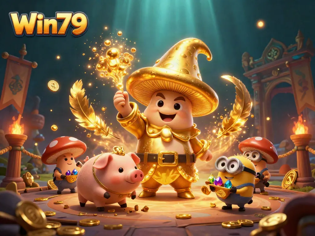 Experience Win79's enchanting realm of gaming with a dynamic scene featuring magical characters and casino elements.
