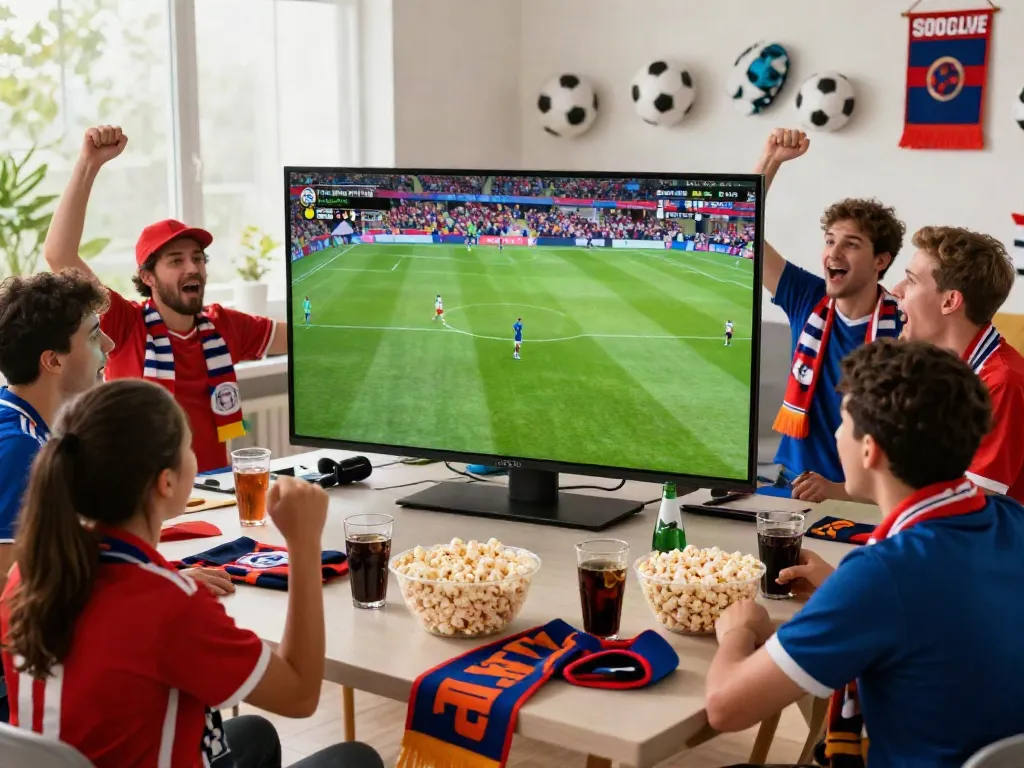 Socolive fans cheering while watching a live soccer match in a vibrant atmosphere.