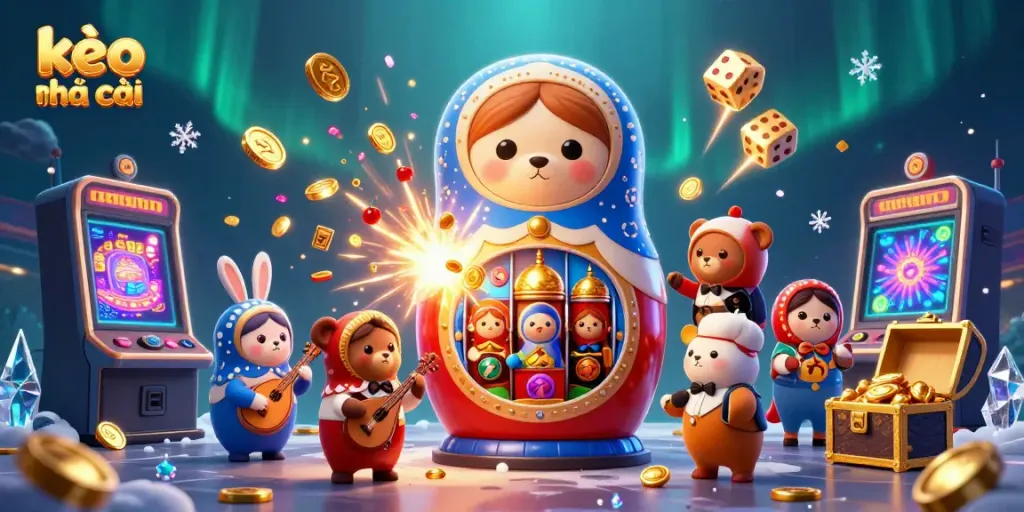 Engage with kèo nhà cái through this vibrant 3D illustration showcasing playful casino elements and characters.