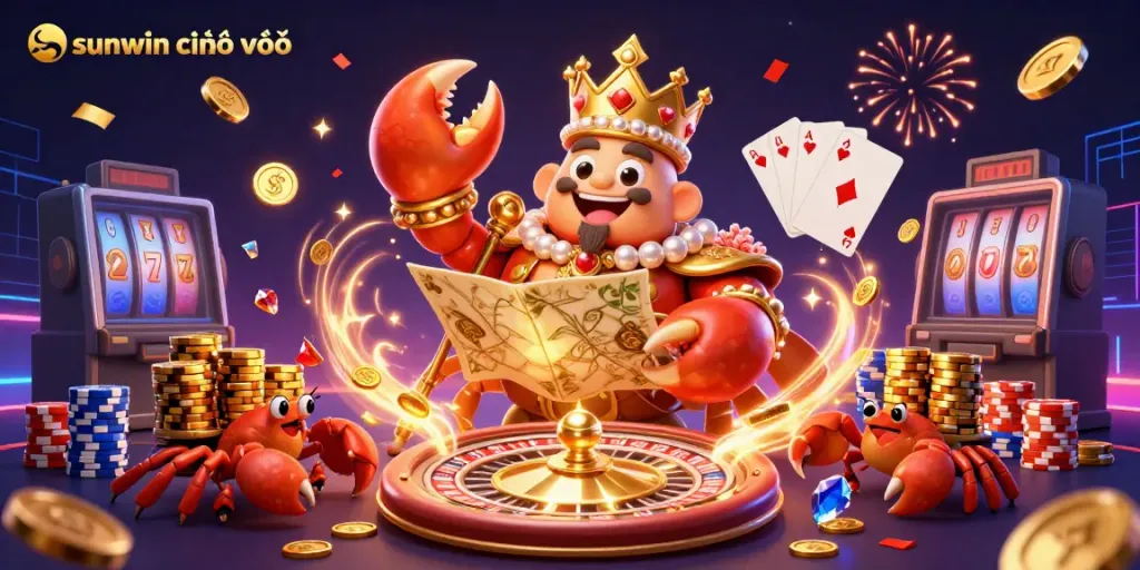 Experience the thrill of sunwin chính thức through a vibrant casino-themed digital illustration filled with action and excitement.