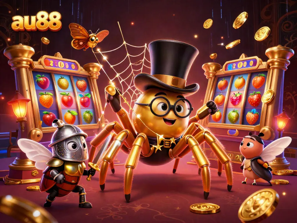 Experience thrilling gameplay at au88 with a dramatic 3D scene of a golden tarantula and beetle knight.