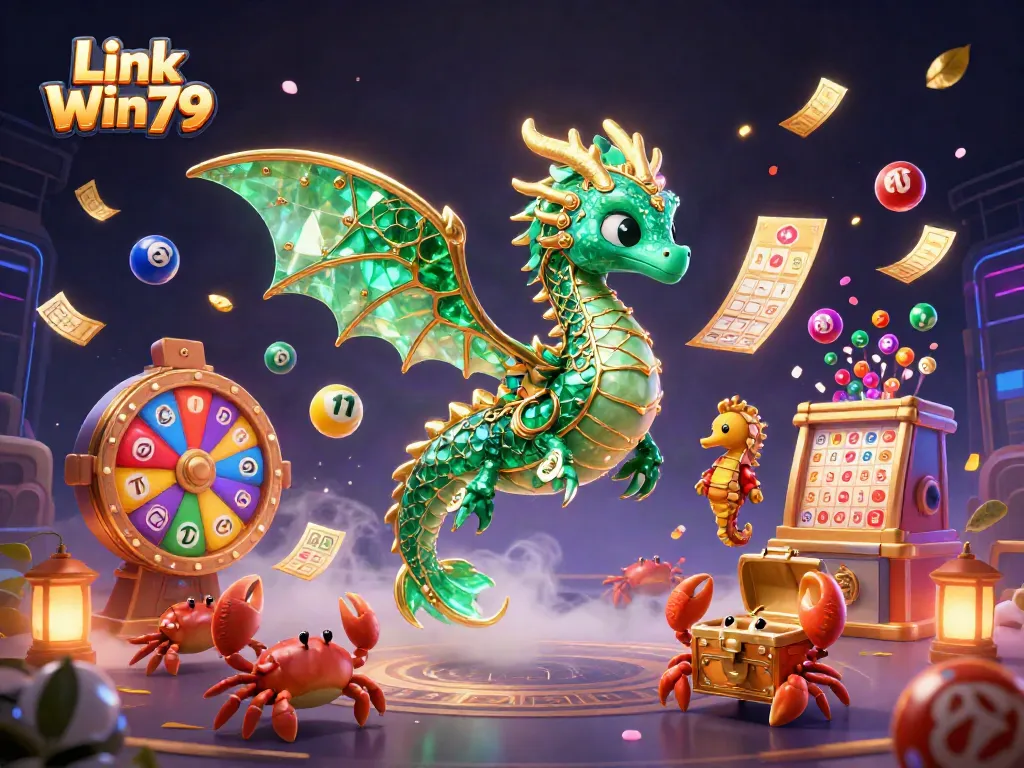 Experience the thrilling action of Link Win79 with a vibrant sea dragon and colorful lottery elements.