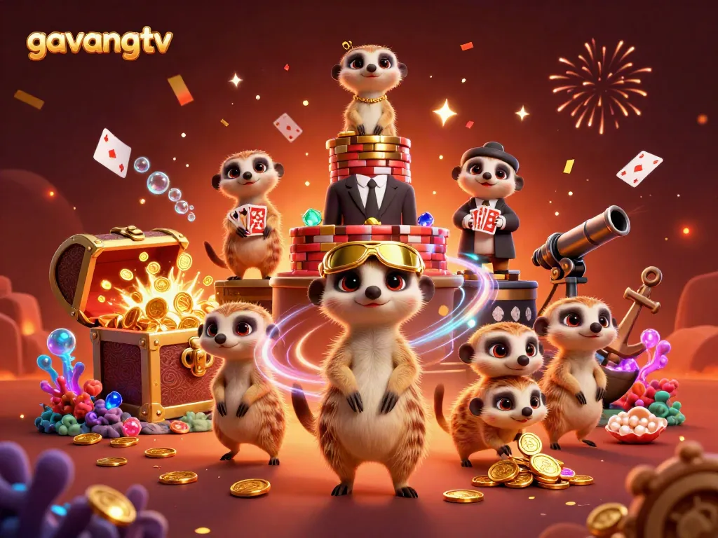 Experience thrilling gaming at gavangtv with meerkats running a lively casino scene featuring colorful treasures.
