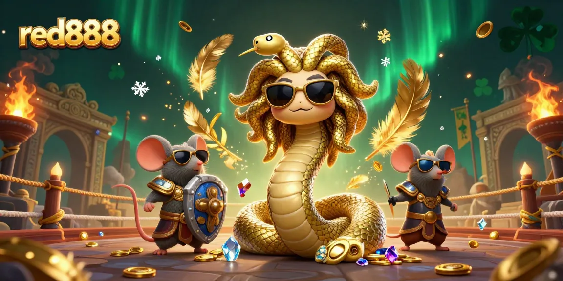 Join the excitement of red888 with Medusa and a warrior mouse battling in a lively casino scene.