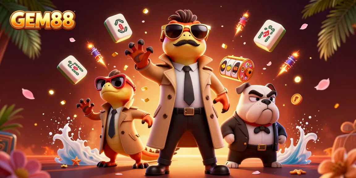 Experience the vibrant atmosphere of GEM88 as raptors sneak into a VIP lounge amidst floating jackpots and fireworks.