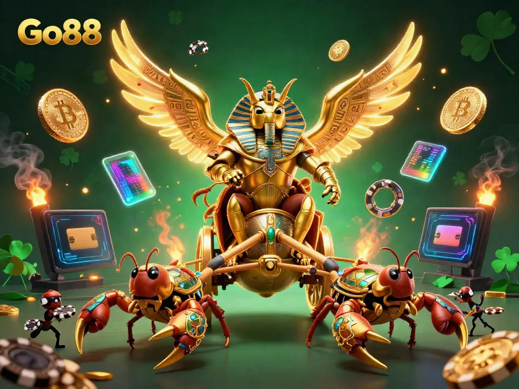 Engage in thrilling gameplay with Go88 featuring a colossal scarab beetle in a vibrant, fantasy casino setting.