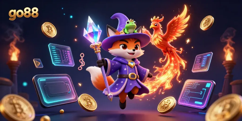 Engage in thrilling gameplay at go88 with our vibrant casino illustration featuring a magical fox and phoenix.