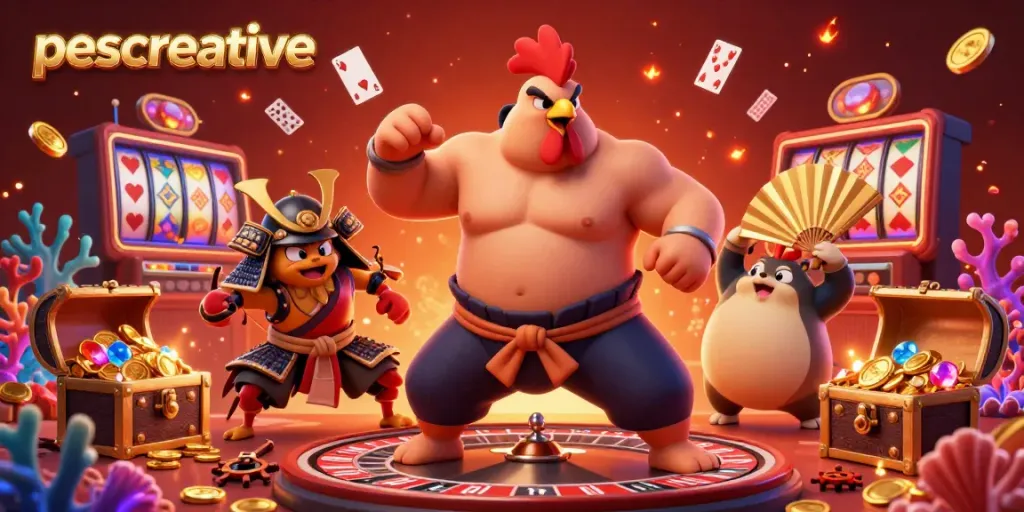 Engaging 3D illustration showcasing a powerful rooster sumo wrestler in a vibrant casino setting, representing pescreative.