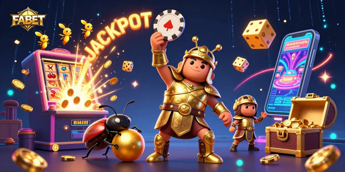 FABET's dynamic casino scene showcases a victorious beetle, jackpot symbols, and vibrant game elements.