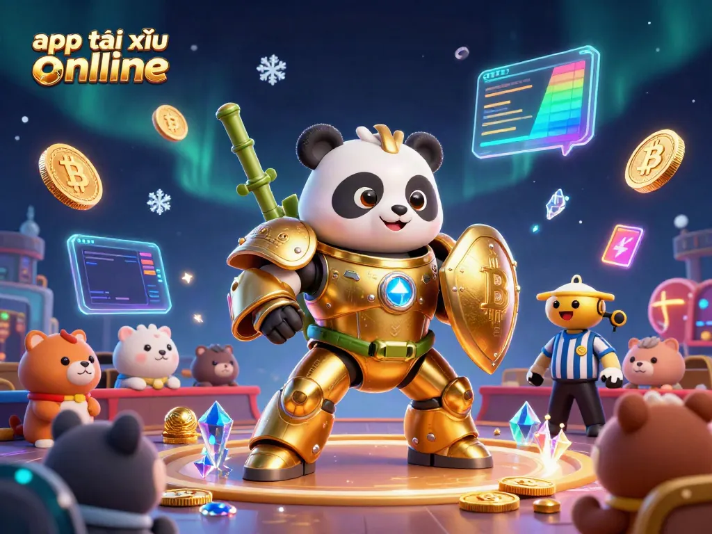 Engage in the thrilling app tài xỉu online experience with a vibrant 3D scene showcasing animated characters and crypto elements.