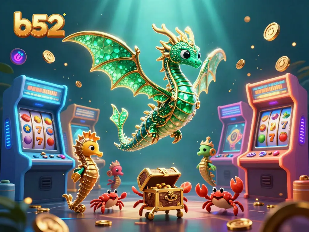 B52 players explore vibrant gaming adventures with emerald sea dragon and treasure in an epic casino scene