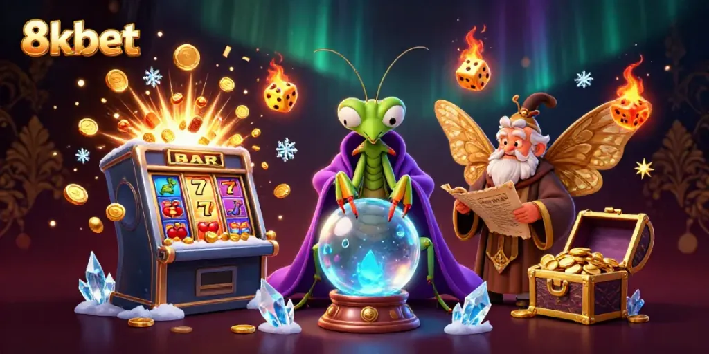 Engage with the vibrant 8xbet casino scene featuring fortune tellers and explosions of coins.