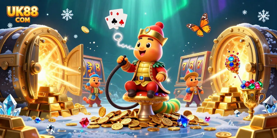 Win big at UK88 COM with a vibrant 3D casino scene featuring treasures and games.