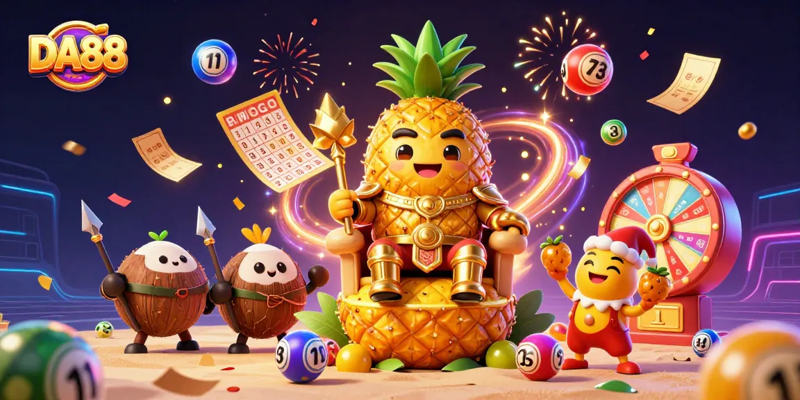 Engage with DA88 at an exciting beach casino featuring a golden pineapple king and vibrant game elements.