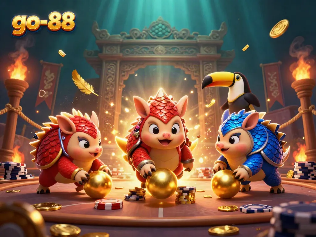Engage in thrilling games at go-88 with animated pangolins bowling through poker chips and vibrant casino elements.