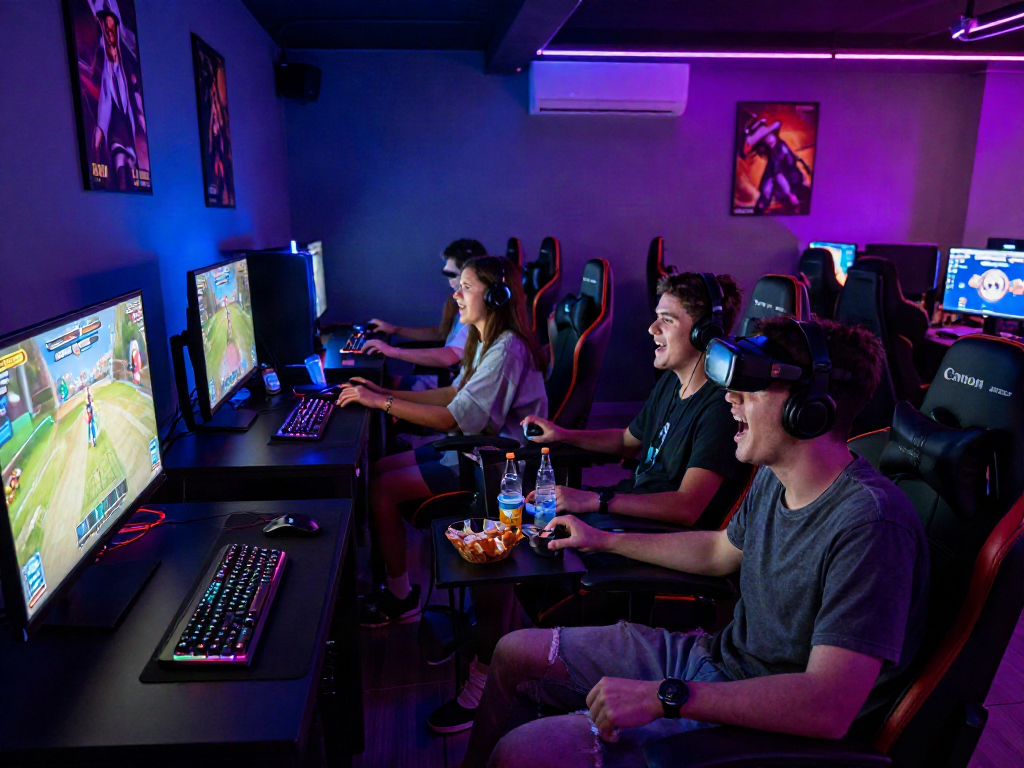 Group of friends enjoying a multiplayer porngame in a vibrant gaming lounge.