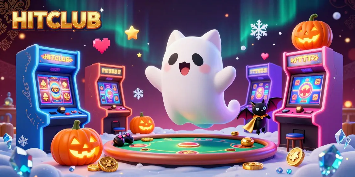 Engage with HITCLUB's exciting casino experience featuring a ghost cat, bat companion, and glowing poker elements.