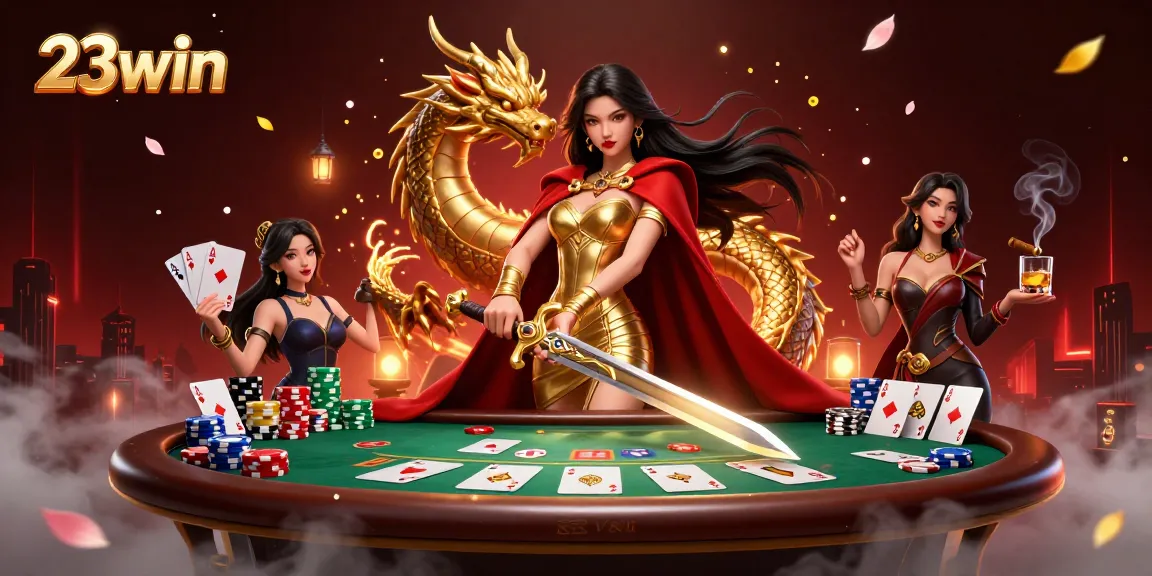 Experience winning strategies with 23win in this immersive online casino illustration featuring dynamic poker elements.