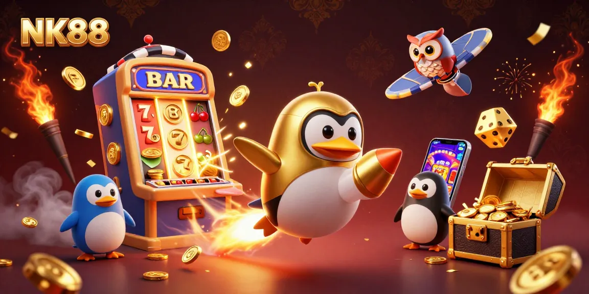 Spin and win with NK88, featuring a golden penguin and vibrant casino elements in a dynamic 3D scene.