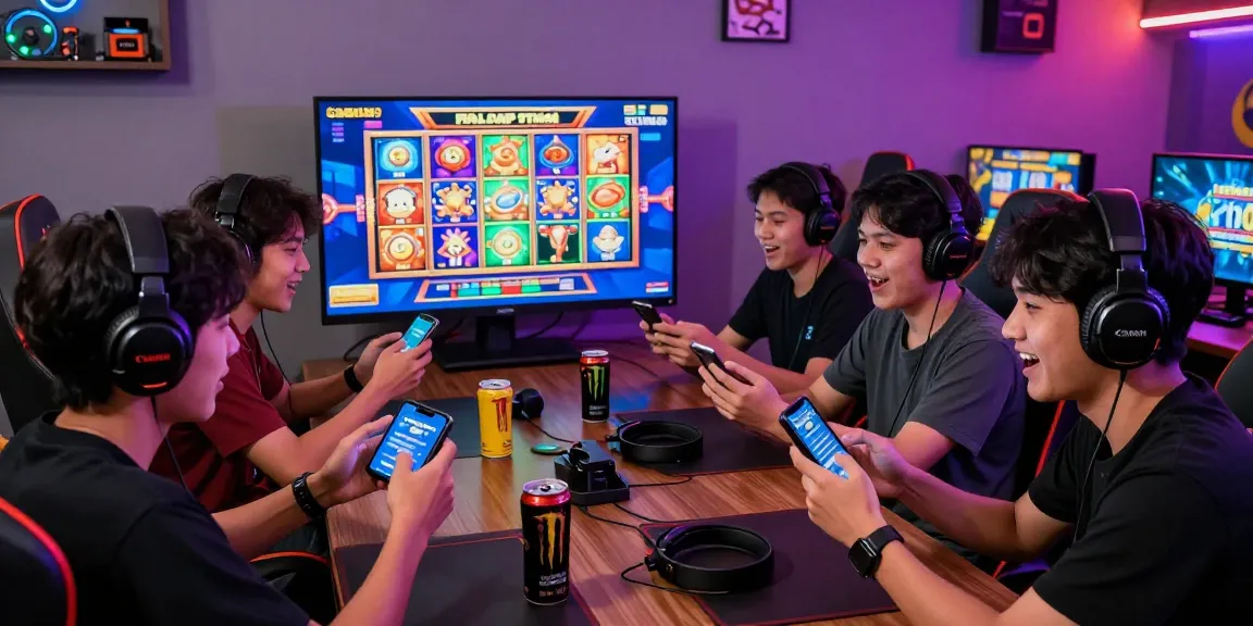 Exciting gaming scene of players engaging with situs slot deposit 10 ribu games, surrounded by vibrant digital decor in a lively atmosphere.