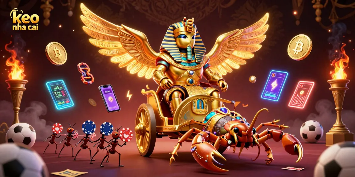 Bet on keo nha cai with thrilling sports action featuring a golden scarab and vibrant coins.