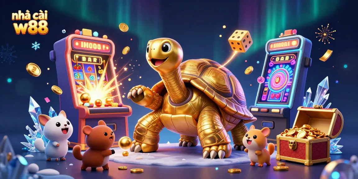 Play exciting games at nhà cái w88 with a thrilling 3D casino scene featuring golden tortoise, slot machines, and vibrant decorations.