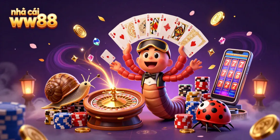 Experience vibrant action at nhà cái ww88 with cartoon characters and casino elements in this rich illustration.