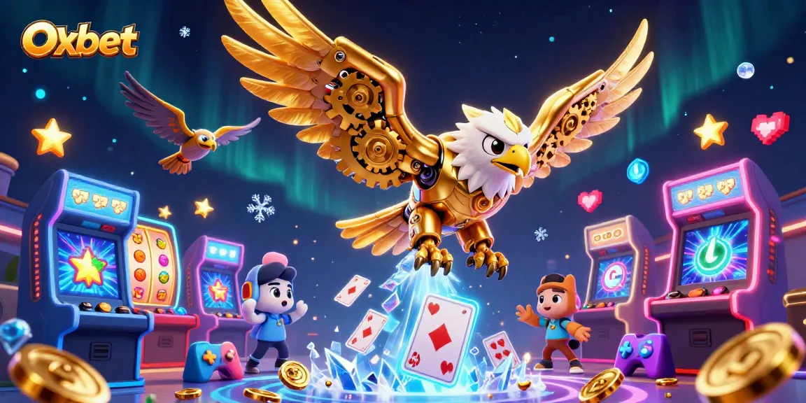 Oxbet features a cybernetic eagle and vibrant casino elements for immersive gaming action.