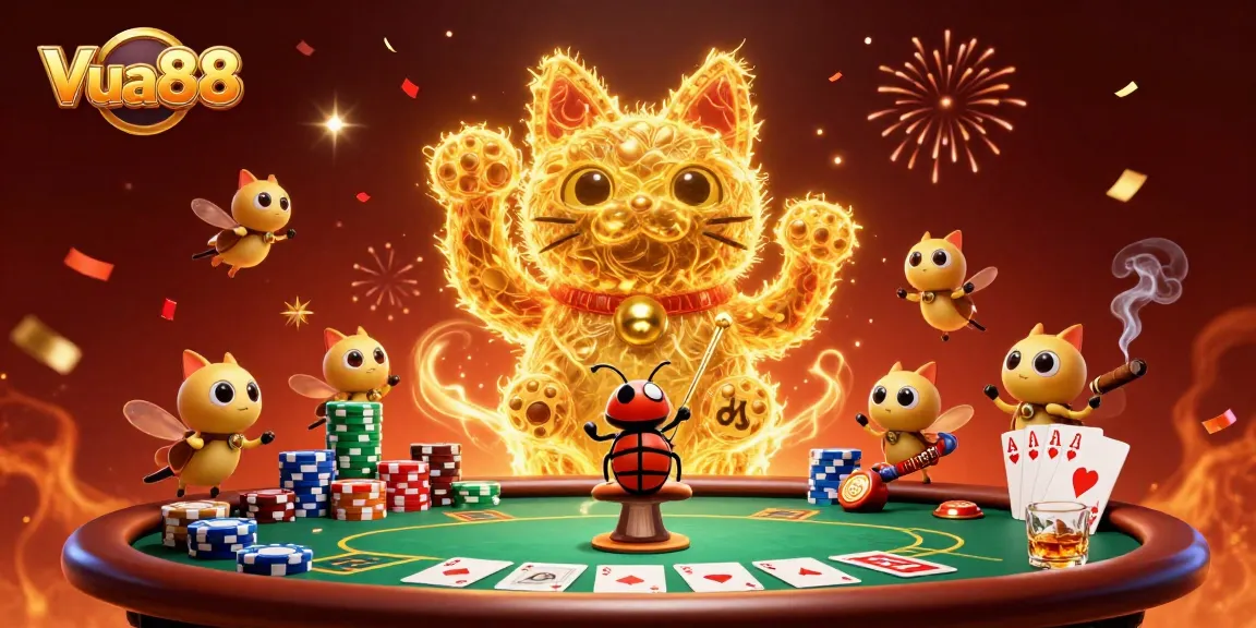 Experience epic wins at Vua88 with a vibrant casino illustration featuring a lucky cat and dynamic game elements.
