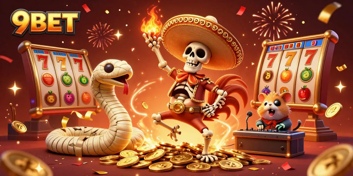 Experience the excitement of 9BET with vibrant characters celebrating amidst golden casino symbols.