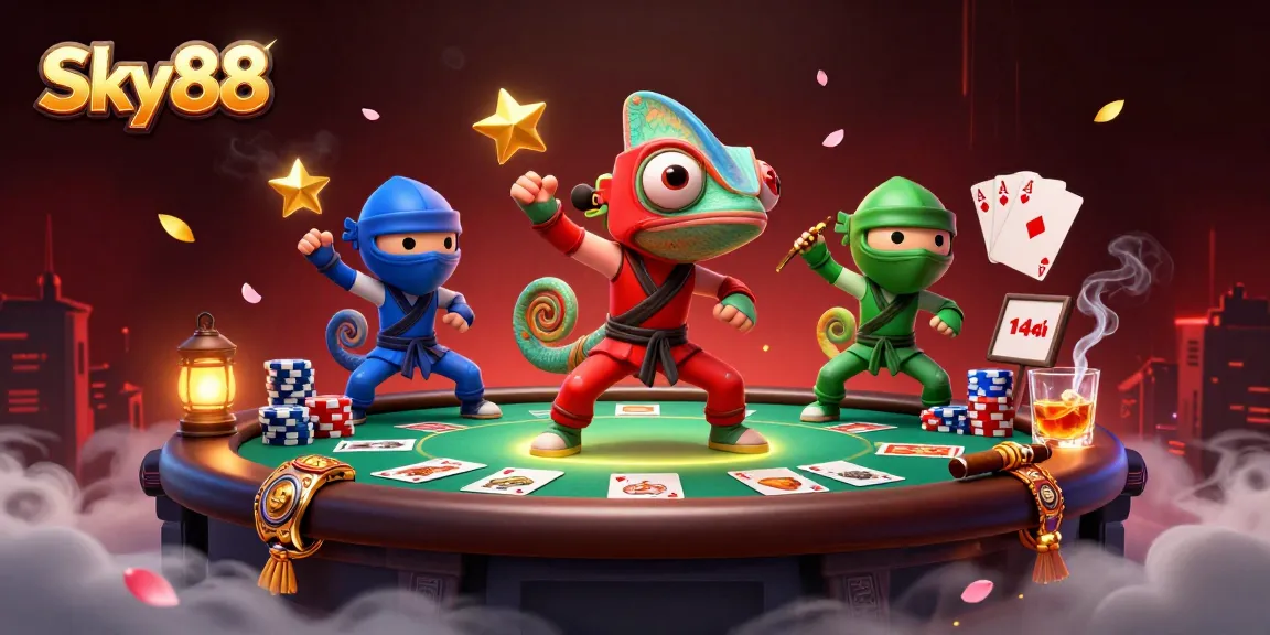 Engage with Sky88's vibrant 3D illustration showcasing dynamic poker and gaming elements.