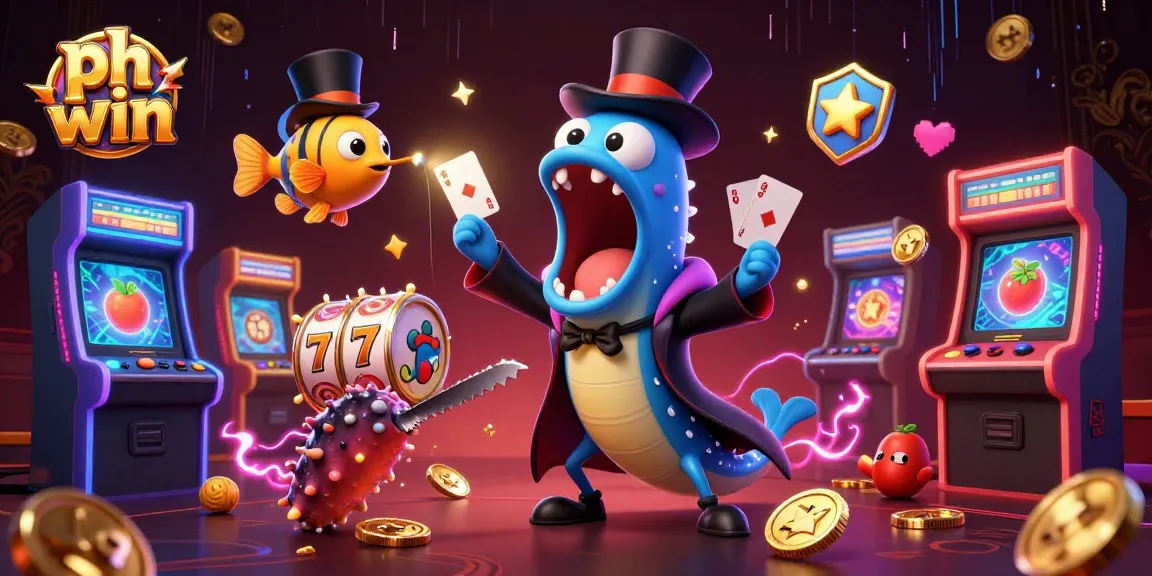 Engage with ph win interactive gaming where a gulper eel performs card tricks amidst slot machines.