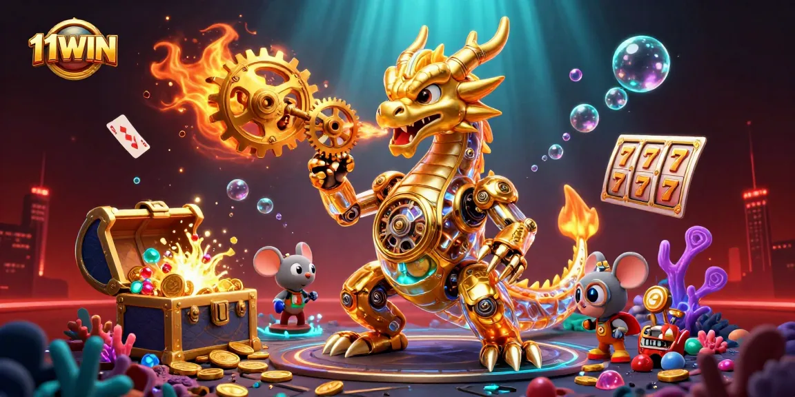 Experience thrilling wins at 11WIN with colorful slots and a mystical dragon in a vibrant scene.