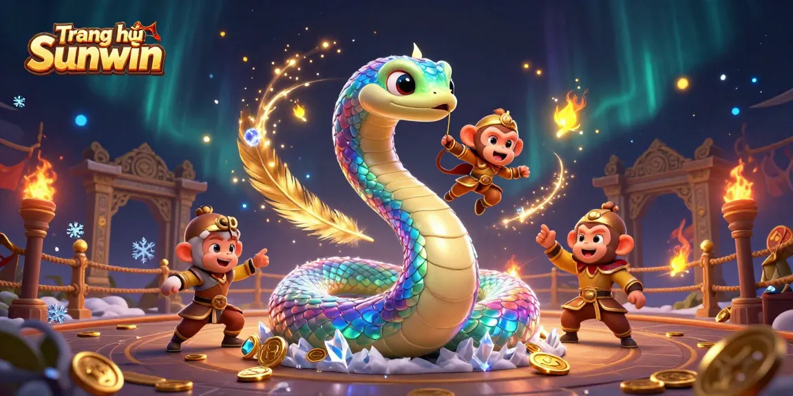 Engage with Trang chủ Sunwin's vibrant 3D representation of online gaming adventure with a rainbow serpent and monkey king.