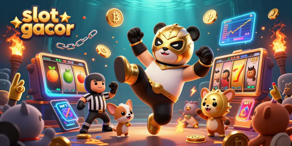 Experience slot gacor excitement with a dynamic panda wrestler and vibrant casino elements in this 3D illustration.
