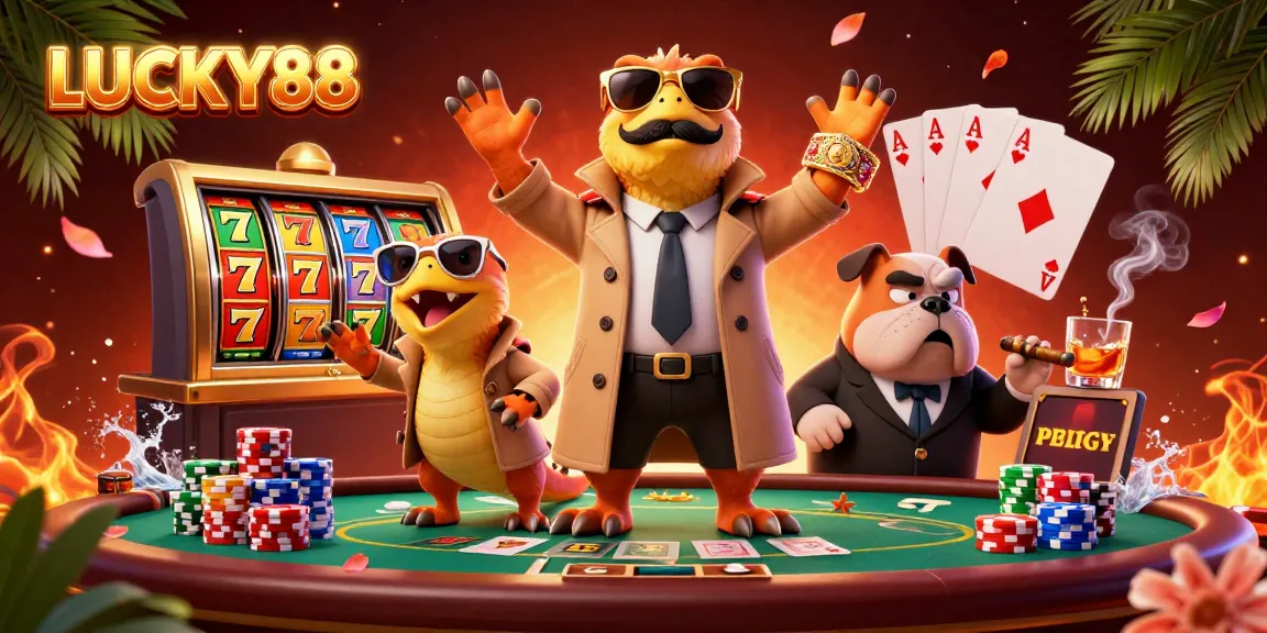 Engage with LUCKY88 as raptors in disguise attempt to enter a VIP casino, surrounded by vibrant slot machine action.