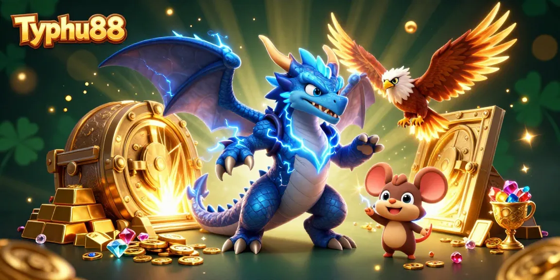 Typhu88 ignites excitement in a vibrant 3D casino illustration with thunderous characters and treasure.