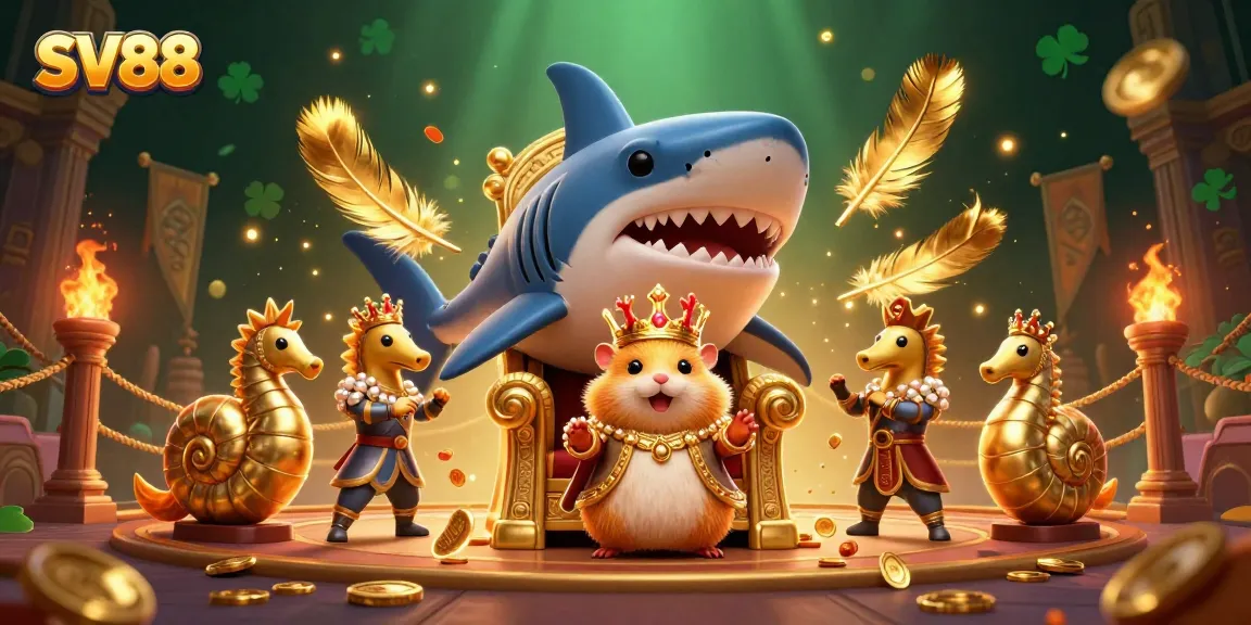 SV88 casino-themed illustration featuring a golden hamster king and shimmery elements.