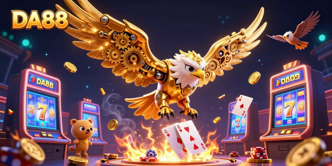 Experience the thrill of DA88 as a golden eagle dives through holographic playing cards amidst casino elements.