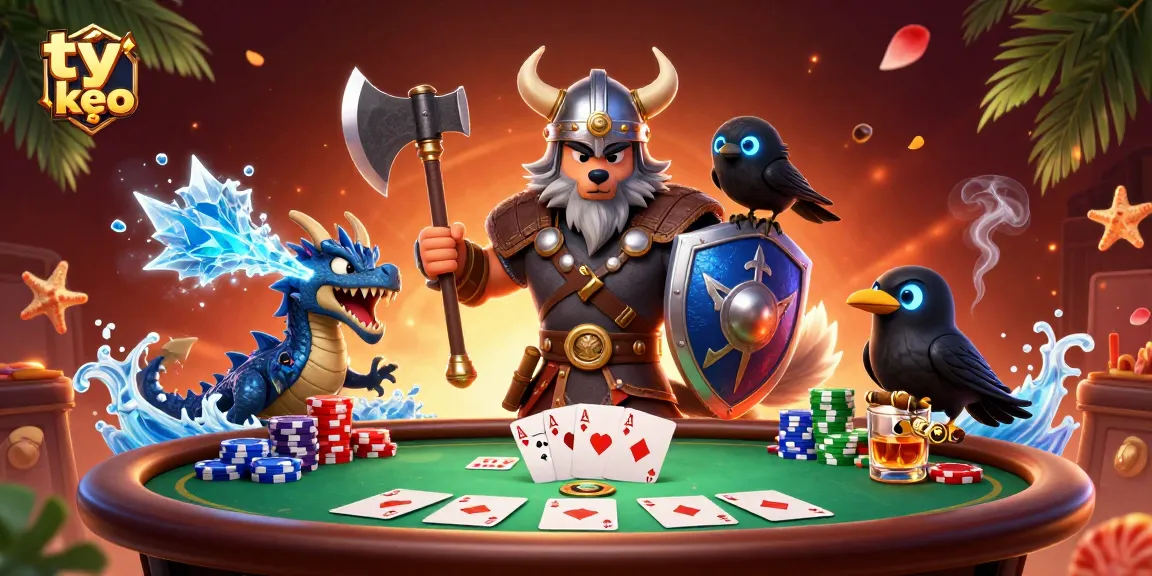 Experience thrilling tỷ lệ kèo actions with a Viking wolf warrior, dragon, and poker elements.