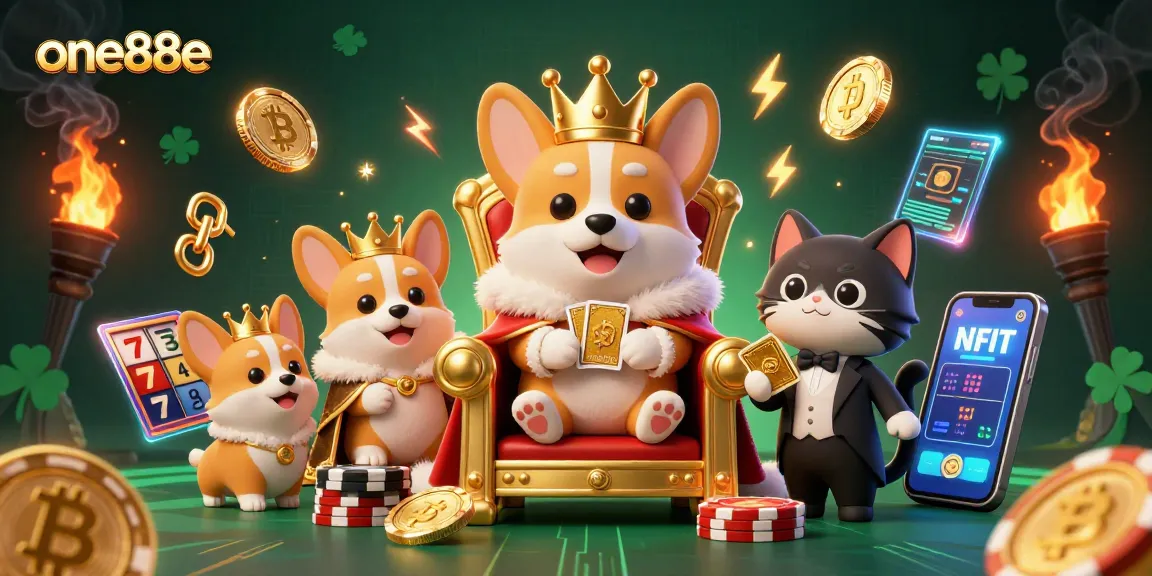 Engage the thrill of gaming at one88e with lively 3D corgi characters and vibrant casino elements.