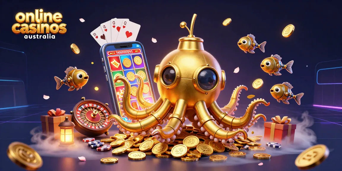 Experience exciting gameplay with online casinos Australia, featuring golden kraken submarine amidst playful gaming elements.