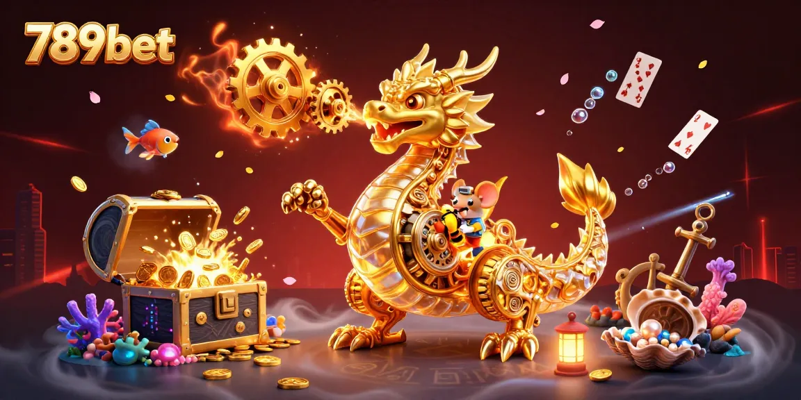 Experience the thrill of 789bet with a golden dragon and underwater treasures in this vibrant illustration.