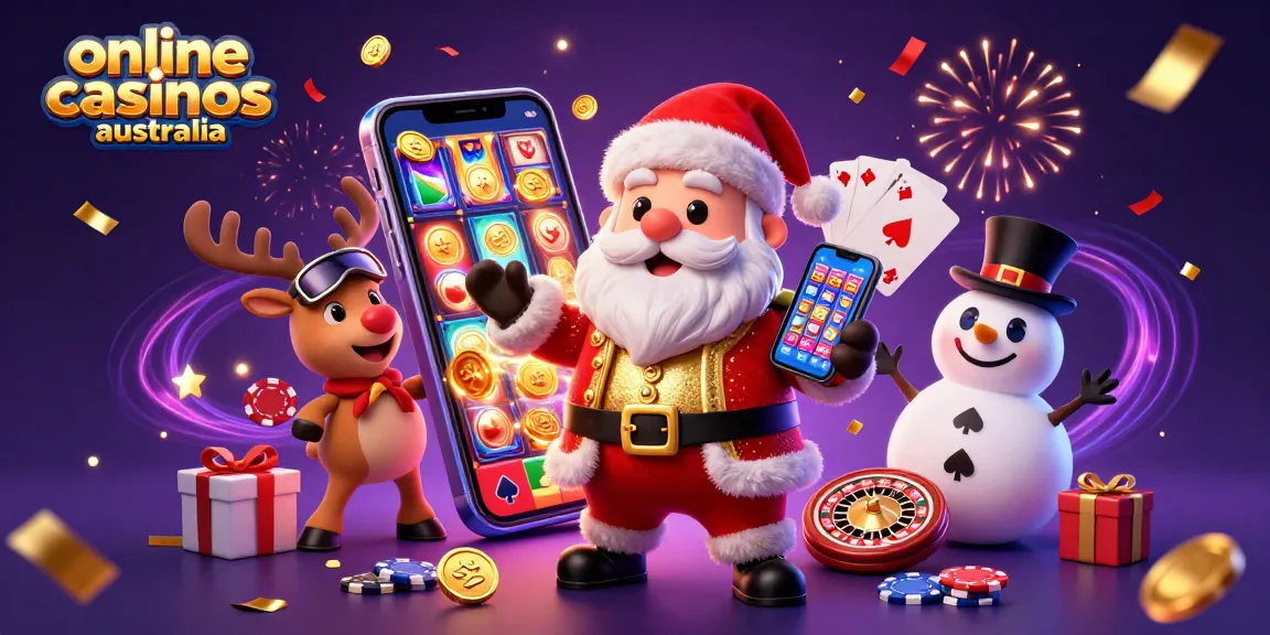 Celebrate with online casinos Australia featuring Santa, a reindeer dealer, and a poker chip snowman.